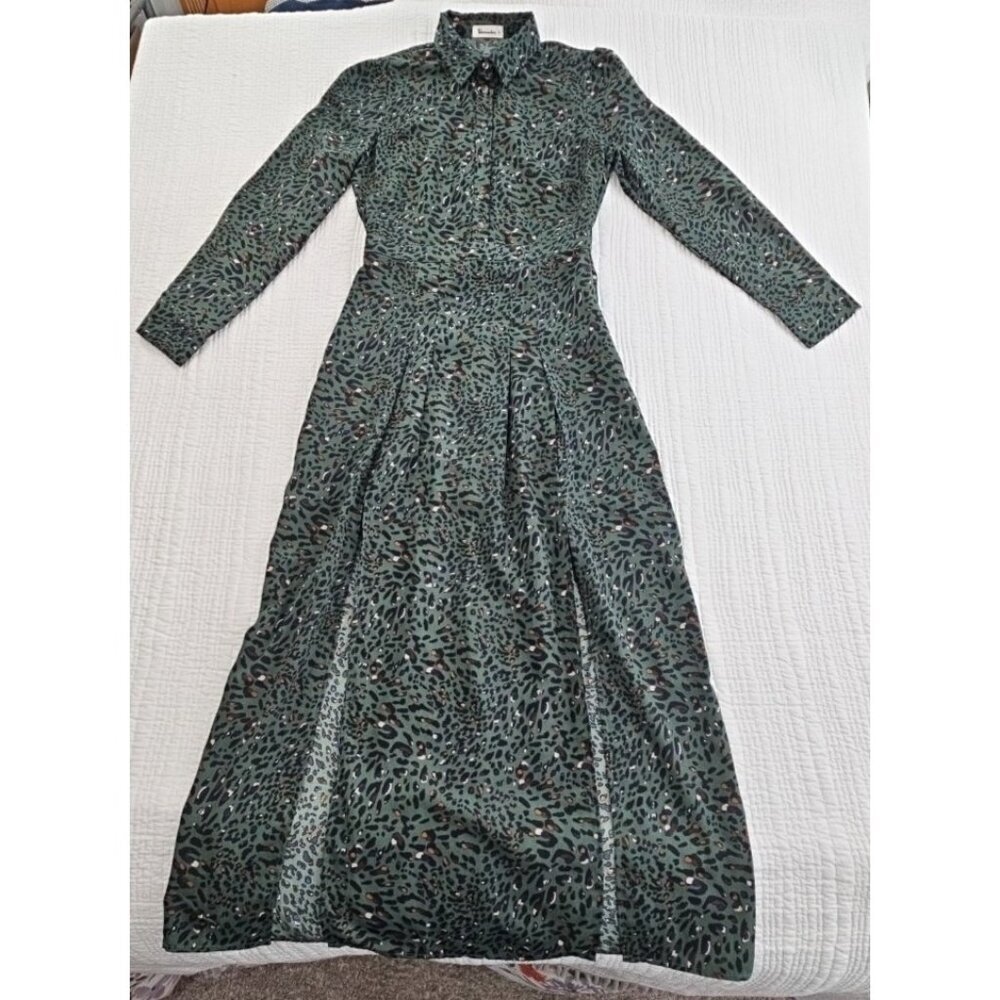 Vernacular Maxi Dress Women's S Green Leopard Print Lined Long Sleeve Side‎ Zip